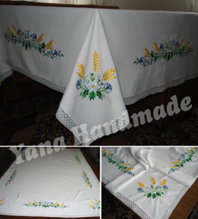 Скатертина вишита - Ромашки, волошки, колоски